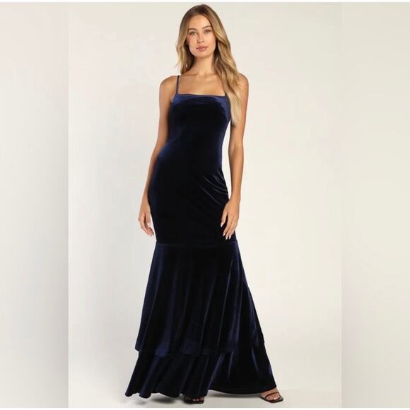 Lulus Dresses & Skirts - Lulu's Alluring Muse Navy Blue Velvet Tiered Trumpet Maxi Dress - Large
